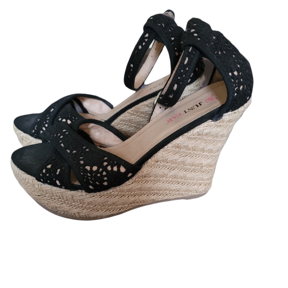 Just fab espadrille wedge sandles shoes with ankle strap size 6.5 4"heel  black